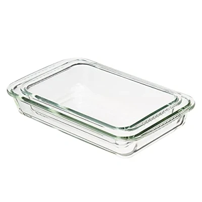 Image de Amazon Basics Lot de 2 plats rectangulaires en verre, pour cuisson au four, 3 l et 1.5 l, Transparents