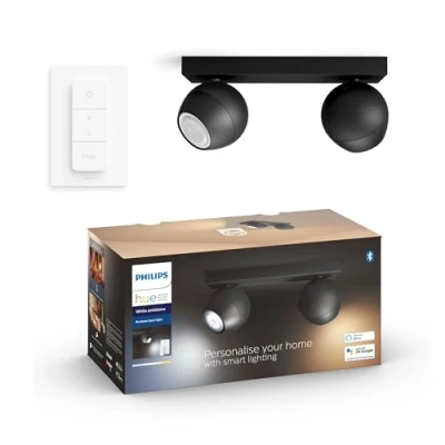 Image de Philips Hue White Ambiance BUCKRAM Spot barre tube 2 x 5.5 W Noir (télécommande incluse), compatible Bluetooth, fonctionne avec Alexa, Google Assistant et Apple Homekit 1 Unité