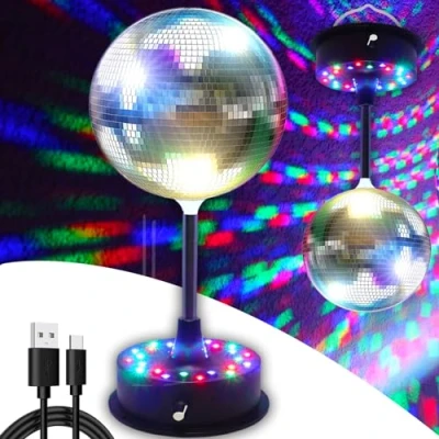 Image de Boule disco rotative de 15,2 cm à suspendre avec base moteur rotatif réglable 5 tr/min 9 tr/min, 24 LED RVB, lumières d&#039;ambiance pour DJ, idéal les fêtes, clubs, scènes