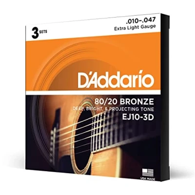 Image de D&#039;Addario Cordes Guitare Acoustique Corde Folk EJ10 3D en Bronze pour Phosphoreux 80/20 Très Léger 10 47 3 Pack