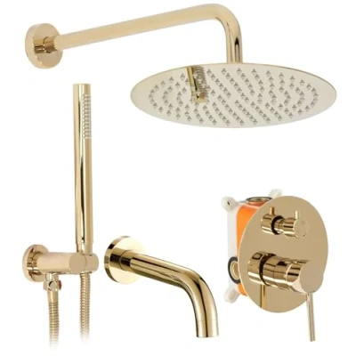 Image de Rea Ensemble de Douche BAIGNOIRE ENCASTRÉE LUNGO GOLD + BOX Système en Laiton Pour Salle Bain (Or)