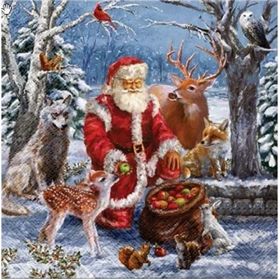 Image de Servietten Weihnachten Lot de 20 serviettes table avec motif Père Noël et animaux dans la forêt Décoration 33 x cm