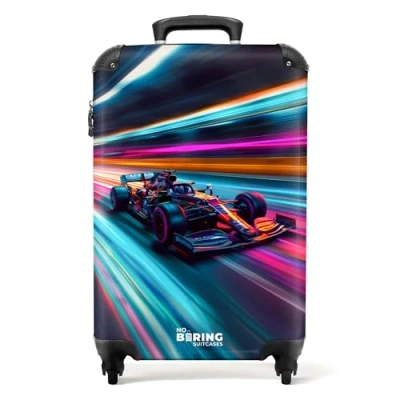 Image de NoBoringSuitcases.com Valise Enfant, Cabine, Enfant Garcon, Bagages Roulette, Cabine 55x35x25cm (Voiture de Formule 1 Néon Multicolore)