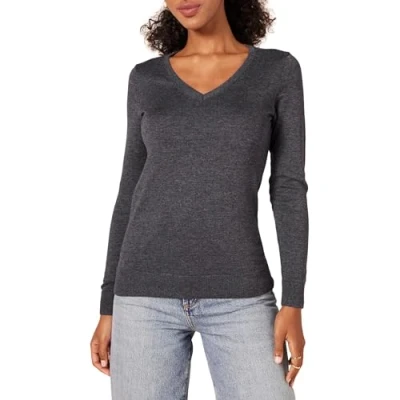 Image de Amazon Essentials Pull Col en v À Manches Longues Léger Coupe Classique (Grandes Tailles Disponibles) Femme, Charbon Chiné, M