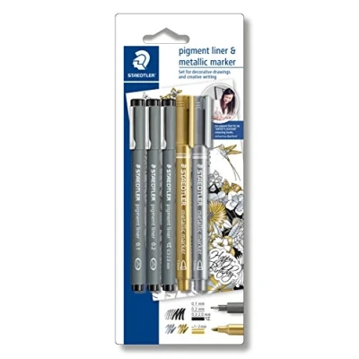 Image de Staedtler Pigment Liner &amp; Metallic Marker, Ensemble créatif incluant 3 feutres fins à encre noire infalsifiable et 2 métallique, Livrés sous étui blister, 308 SBK3P3