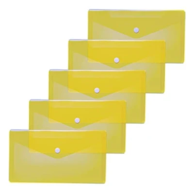 Image de HERMA 20033 Lot de 5 pochettes à documents DIN long (22 x 12 cm, polypropylène, transparentes, avec bouton pression, pour l&#039;école, l&#039;université, le bureau, les enveloppes en polypropylène jaune