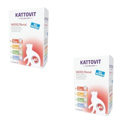 Image de Kattovit Niere/Renal Multipack Pack de 4 x 12 85 g Aliment Complet diététique pour Chats avec variétés différentes en Sachet fraîcheur Le Soutien la Fonction rénale