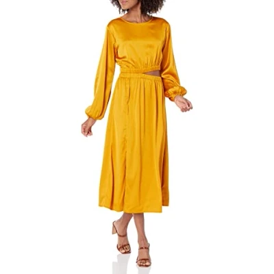Image de The Drop Robe Midi pour Femme, Soyeuse, à Manches Longues, avec Découpes, Style Pudique, Jacob, Jaune Doré, Taille L