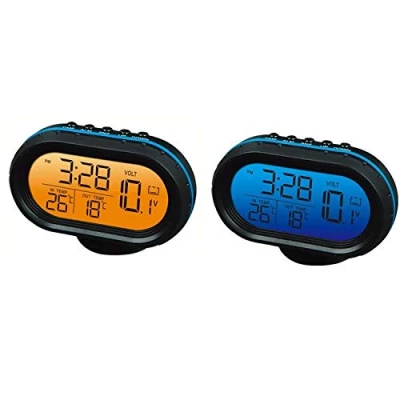 Image de Yosoo 12V voiture thermomètre numérique Voltmètre horloge alarme moniteur, tension d&#039;horloge compteur multifonctionnel Auto indicateur de température, LCD moniteur batterie détecteur LED (bleu)
