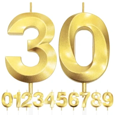 Image de 30th Bougie D&#039;anniversaire à Paillettes Dorées au Design 3D, Bougies Numérotées pour 30e, Décorations de Dessus Gâteau, Gâteau Fête D&#039;anniversaire, Anniversaire Mariage