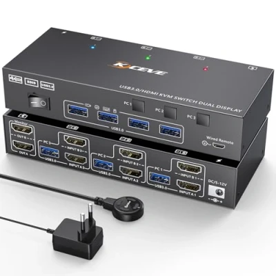 Image de commutateur KVM HDMI 2 moniteurs 3 ordinateurs 4K @ 60 Hz, simulation EDID, double moniteur pour partagent écrans et 4 ports USB 3.0, télécommande filaire câbles