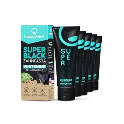 Image de happybrush® Dentifrice Blanchissant SuperBlack Avec Charbon Actif, Whitening Toothpaste Végétalien, Lot de 5 Tubes 75 ml