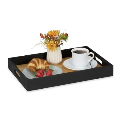 Image de Relaxdays Plateau de Service, en Bambou et MDF, avec poignées, rectangulaire, HLP : 5 x 40,5 28 cm, Noir Nature
