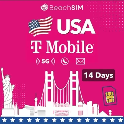 Image de BeachSIM Carte SIM USA 14 Jour. Données, appels et textes 5G illimités. Hotspot jusqu&#039;à 10 appareils. T Mobile réseau. Appareils iOS Android.