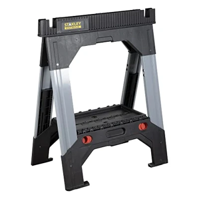 Image de Stanley 1 92 980 Tréteaux 1150 kg/Paire Gamme Fatmax Pieds Ajustables Bi matière Système de Support mobile en V Réglage Rapide Caoutchouc Antidérapant Pliable, Noir