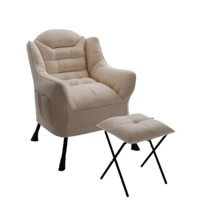 Image de CATAVANA Fauteuil Design en Velours Crème avec Repose Pieds Idéal pour Lire ou Se Détendre Structure Métallique Robuste Assise Confortable Taille 75x70x104cm, Tabouret 34x34x32cm