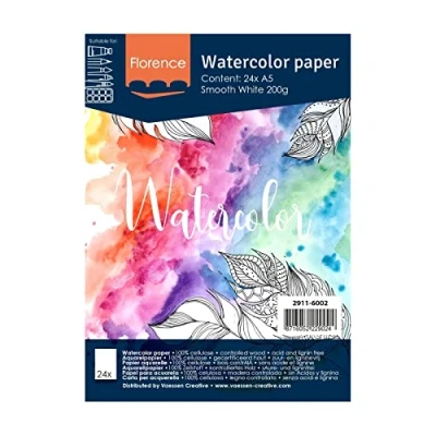 Image de Vaessen Creative Papier Aquarelle Florence Pressé à Chaud A5, Blanc Intense, 200 GSM, Qualité d&#039;artiste, Surface Lisa, 24 Feuilles pour Peindre, Handlettering, Projets d&#039;art et Plus
