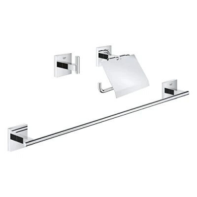 Image de GROHE Start Cube Set d&#039;Accessoires 3 in 1 (Patère Murale, Dérouleur Papier Mural et Porte balai WC), A coller avec QuickGlue ou à visser, Supersteel, 41123DC0