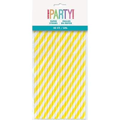 Image de Unique Party Lot de 40 pailles en papier à rayures jaune fluo, 63706, Pack of