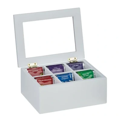 Image de Relaxdays Boîte à thé, 6 Cases, Bambou, Couvercle protégeant Le Contenu de la poussière, HLP 9x21,5x16 cm, Blanche