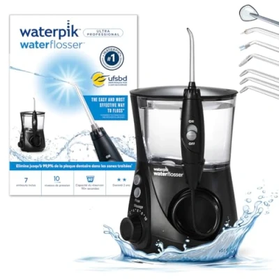 Image de Waterpik Hydropulseur Ultra Professional, Jet Dentaire avec 7 Embouts et 10 Niveaux de Pression, Élimine la Plaque, Noir (WP 662EU)