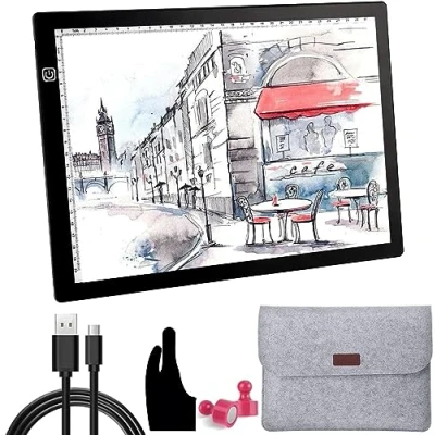 Image de OOWOLF Tablette Lumineuse Portable A4 Ultra mince LED Luminosité Réglable Table à Dessin avec Câble USB et Une Housse pour Dessiner Croquis Esquisse Architecture Calligraphie