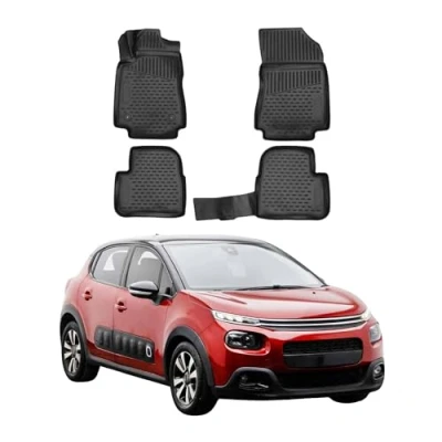 Image de Tapis de Sol Compatible avec Citroen C3 2016 2023 en Caoutchouc TPE 3D Noir 4Pcs
