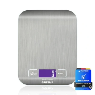 Image de GRIFEMA GA2002 Balance de Cuisine Électronique Haute Précision 5000g/1g avec Écran LCD Rétroéclairé, 6 Unités et Fonction Tare Acier Inoxydable, Smart Digital, pour Alimentaire Multifonctionnel