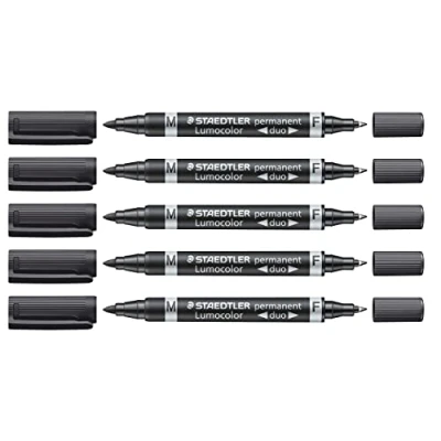 Image de Staedtler marqueur permanent Lumocolor duo, à pointe ogive fine et moyenne, résistant l&#039;eau l&#039;effacement, rechargeable, longue durée de vie, 5 marqueurs noirs, 348 9X ST
