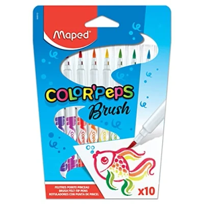 Image de Maped Color&#039;Peps Feutres de Coloriage Pinceaux Brush Pointe Extra Souple 2,8mm et Encre Lavable à l&#039;eau Etui 10 Assortis