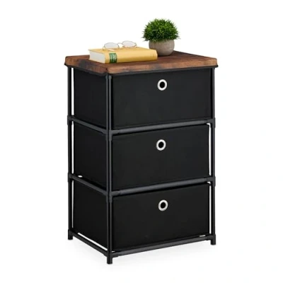 Image de Relaxdays Commode, avec 3 tiroirs en Tissu, Structure métal, 65x43x33 cm, pour Le Salon ou l&#039;entrée, Noir et Marron
