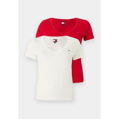 Image de Tommy Jeans Femme Tjw 2pack V Neck Tee Dw0dw21367 T Shirt S/S, Multi (Ecru/Sapphire Red), L EU