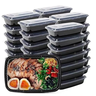 Image de WUHUIXOZ Lot de 50 boîtes à repas 946 ml avec couvercles, bento jetables en plastique réutilisables, sans BPA, passent au micro ondes, lave vaisselle et congélateur