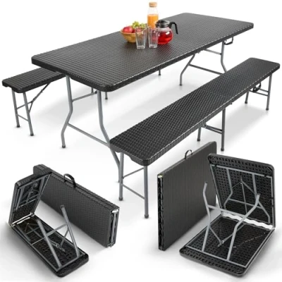 Image de AREBOS Table de Jardin Ensemble Camping Pliante Aspect rotin Banc 6 Places Noir