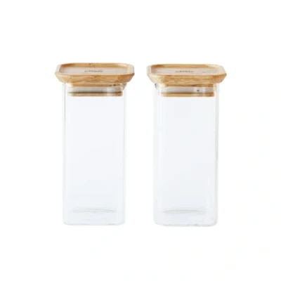 Image de Pebbly Set de 2 boîtes carrées en verre et bambou x 320 ml Idéales pour stocker des épices herbes