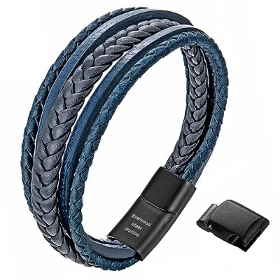 Image de murtoo Bracelet Homme Cuir Véritable et Acier Inoxydable pour Les Hommes(Bleu,22,5)