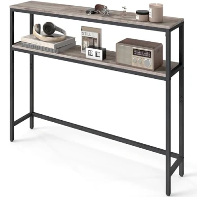 Image de VASAGLE Console pour Couloir, Table de Salon Fine à 2 Niveaux, 20 x 100 80 cm, d’Appoint avec Étagères, Salon, Chambre, Grège Chiné et Noir d&#039;encre LNT131K02