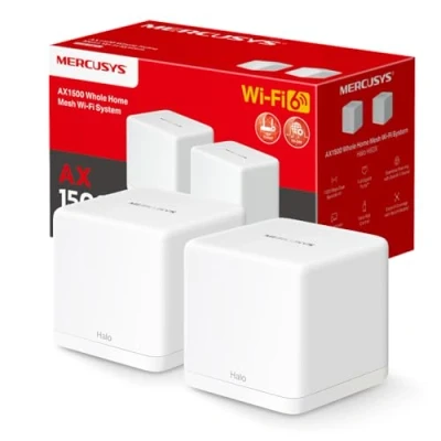 Image de MERCUSYS TP Link Halo H1500X(2 pack) Routeur WiFi 6 Mesh AX1500Mbps , Couverture Jusqu&#039;à 350 m², Mesh, Bi Bande, Repeteur Puissant, 3 Ports Gigabit, Contrôle Parental, Brancher et Utiliser