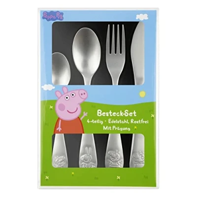 Image de Peppa Pig Ensemble de couverts pour enfant 4 pièces avec couteau, fourchette, cuillère à soupe et dessert en acier inoxydable gaufré