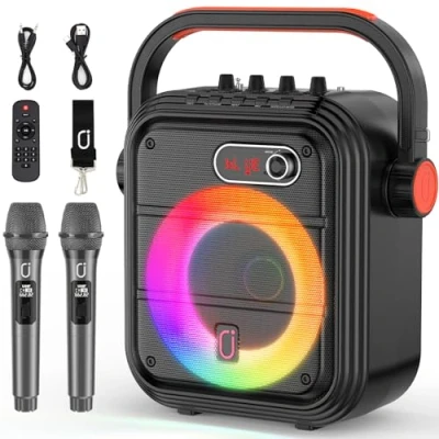 Image de JYX Machine de Karaoké avec 2 Microphones sans Fil, Enceinte Karaoke Complet Lumières fête, Portable Système Support TWS/AUX/FM/USB/TF Carte