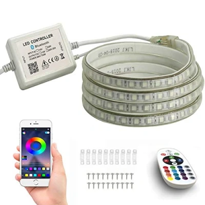 Image de FOLGEMIR 4m Ruban de LED RGB, Bande contrôle Bluetooth, Bandeau lumineuse dimmable avec transformateur et 24 boutons télécommande IR, 5050 SMD 60 LEDs/m, flexible, 230V strip, étanche IP65