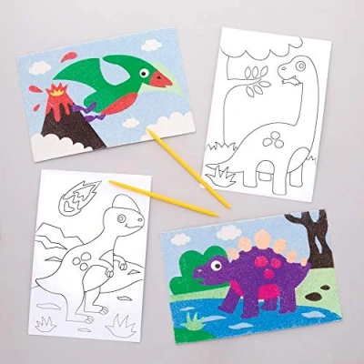 Image de Baker Ross Illustrations dinosaures en sable coloré (lot de 8) que les enfants pourront décorer et exposer., Blanc