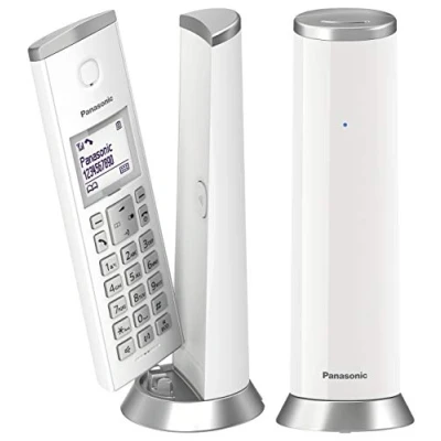 Image de Panasonic Téléphone DECT sans fil KX TGK212JTW avec rétroéclairage LCD 1,5 pouce, sonneries blanches, appels indésirables, Eco et Plus, blanc