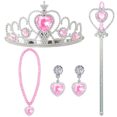 Image de JOYIN Ensemble de costume princesse 5 pièces avec couronne, baguette magique, collier et boucles d&#039;oreilles, reine des neiges comme accessoire fête pour carnaval (rose)