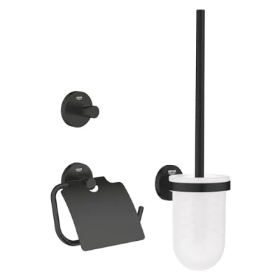 Image de GROHE Start Set d&#039;Accessoires 3 in 1 (Patère Murale, Dérouleur Papier Mural et Porte Balai WC), A Coller avec QuickGlue ou à Visser, Noir Mat, 412042430