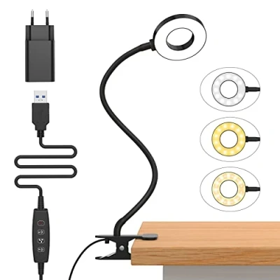 Image de iZELL 10W Lampe de Bureau à Pince avec Adaptateur USB[3 Modes d’Éclairage &amp;10 Niveaux Luminosité] Flexible 360Lampe Lecture Clipsable, 40CM Led pour Maison/Bureau