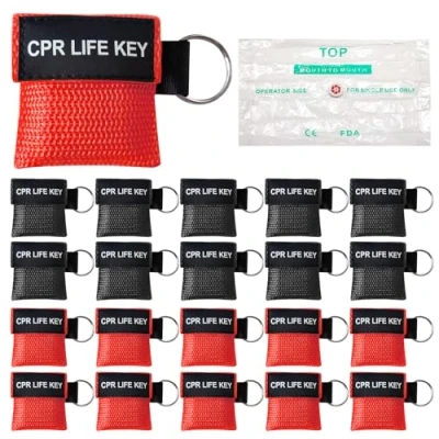 Image de 20pcs CPR Masque Porte Clés Kit D&#039;urgence Barrière Respiratoire Porter Secours Boucliers De Visage Avec Respiration À Sens Unique Pour Les Premiers Ou La Formation Aed(Rouge, Noir)