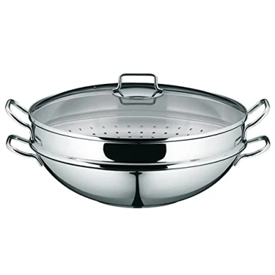 Image de WMF Ensemble 4 pièces Wok 36 cm, Base universelle TransTherm, Inox Cromargan, Induction et four, Compatibilité lave vaisselle, Couvercle en verre, Grille à tempura, Panier vapeur, Macao 0792566040