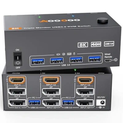 Image de Commutateur KVM 3 moniteurs 2 ordinateurs 8K@60Hz 4K@144Hz, HDMI + Displayport Switch triple moniteur pour PC et 4 appareils USB 3.0, télécommande filaire inclus