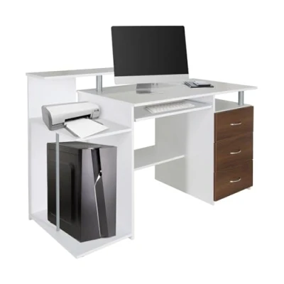 Image de hjh OFFICE 830061 Table d&#039;ordinateur WORKSPACE H IV Blanc/Noyer Bureau avec tiroirs &amp; Clavier Coulissant, 89 x 137 60 cm